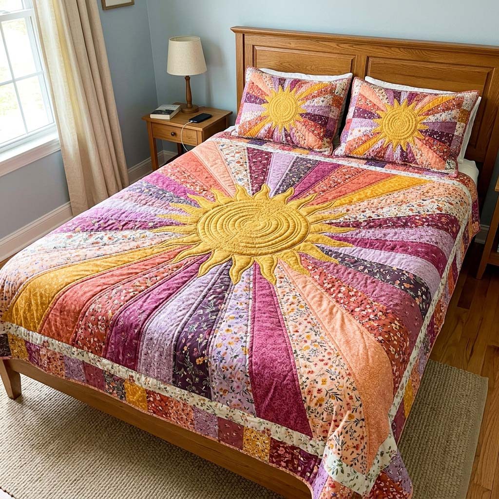 Golden Sunrise quilted 3-piece bedding set on a made bed with two matching pillow shams