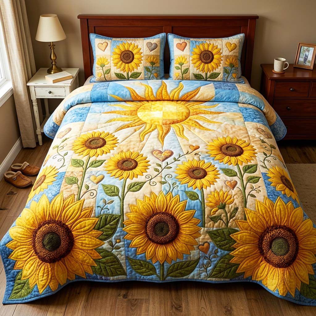 Golden Sunrise quilted 3-piece bedding set on a made bed with two matching pillow shams