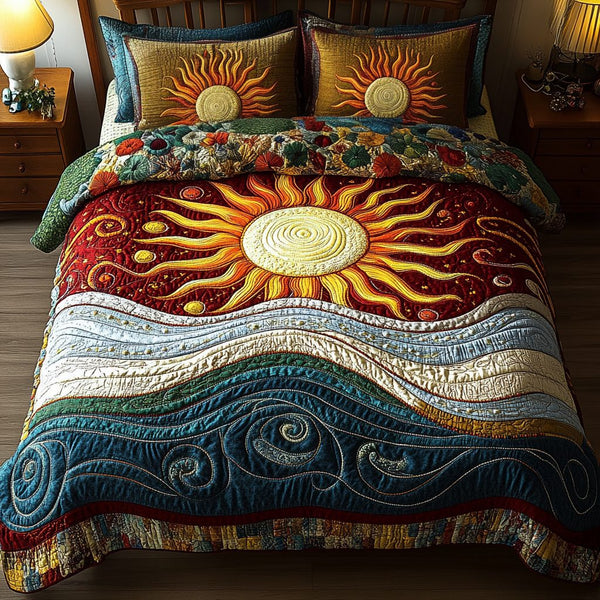 Golden Sunrise quilted 3-piece bedding set on a made bed with two matching pillow shams