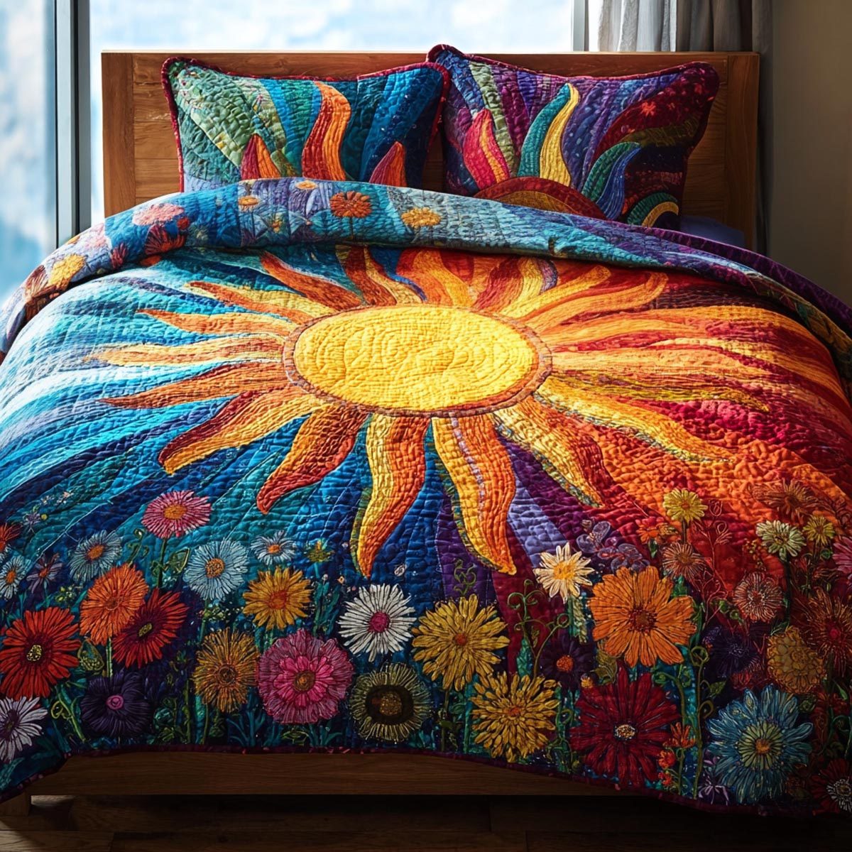 Golden Sunrise quilted 3-piece bedding set on a made bed with two matching pillow shams