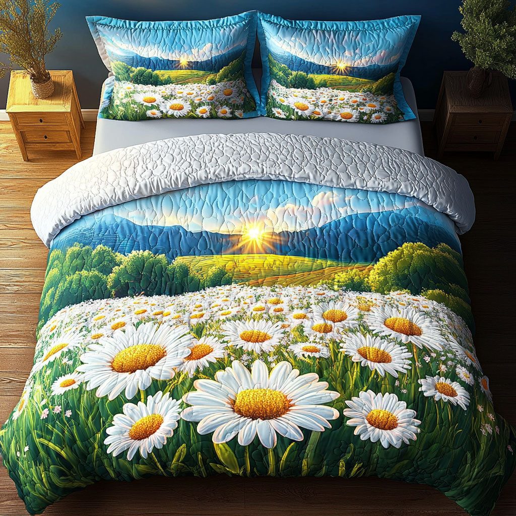 Golden Sunrise quilted 3-piece bedding set on a made bed with two matching pillow shams