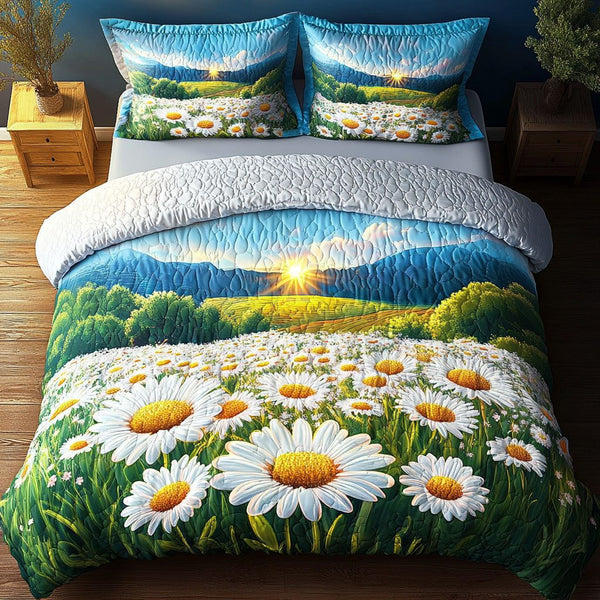 Golden Sunrise quilted 3-piece bedding set on a made bed with two matching pillow shams