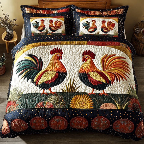 Golden Sunrise quilted 3-piece bedding set on a made bed with two matching pillow shams