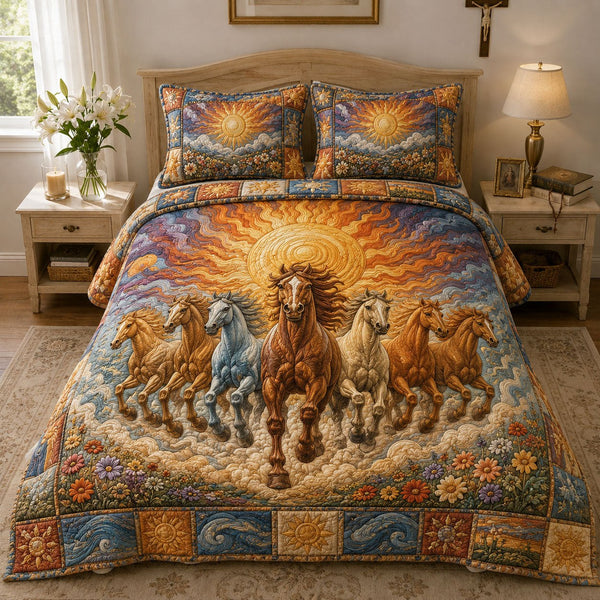 Golden Sunrise Seven Running Horses quilted 3-piece bedding set on a made bed in a rustic timber bedroom