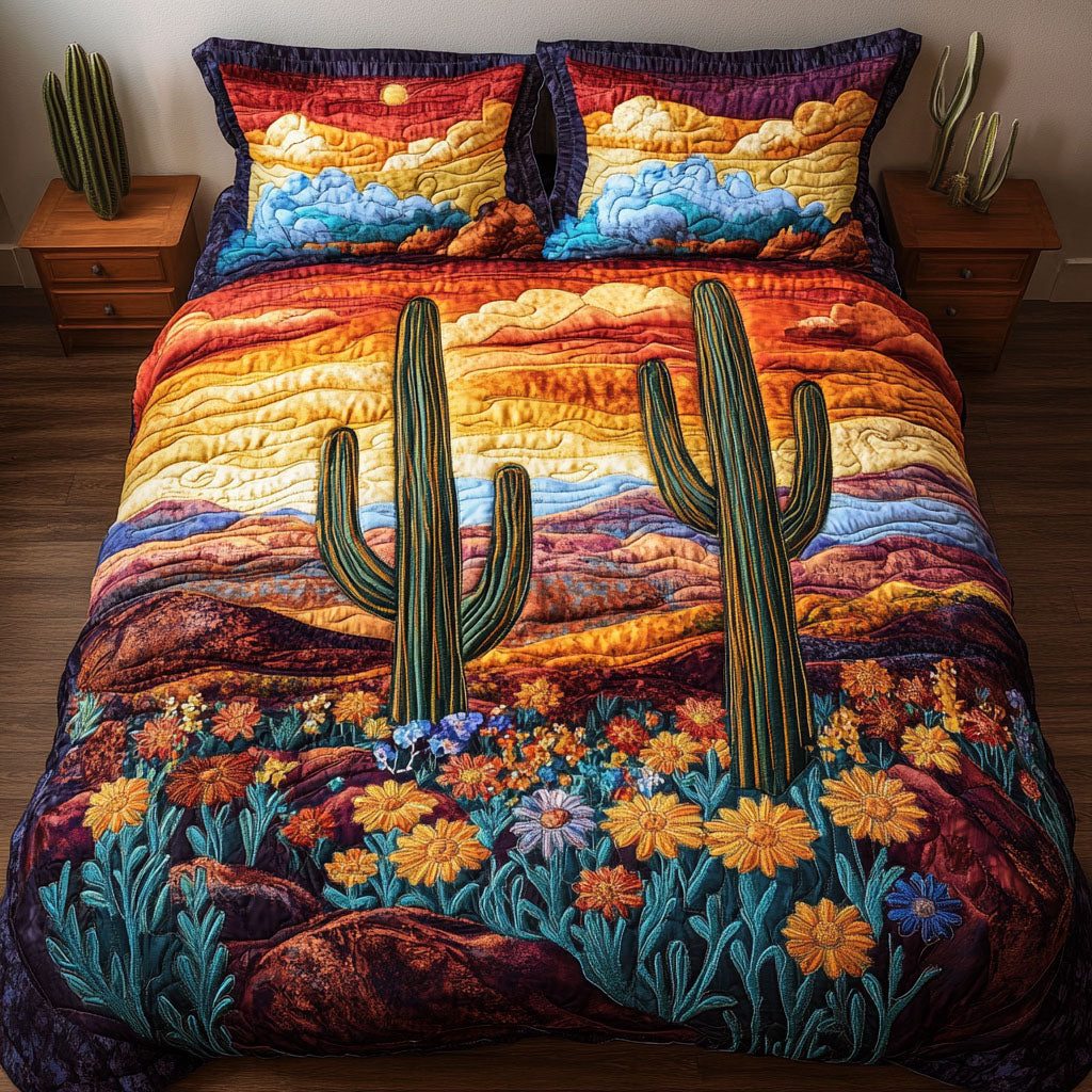 Golden Sunset Cactus quilted 3-piece bedding set on a made bed with two matching pillow shams