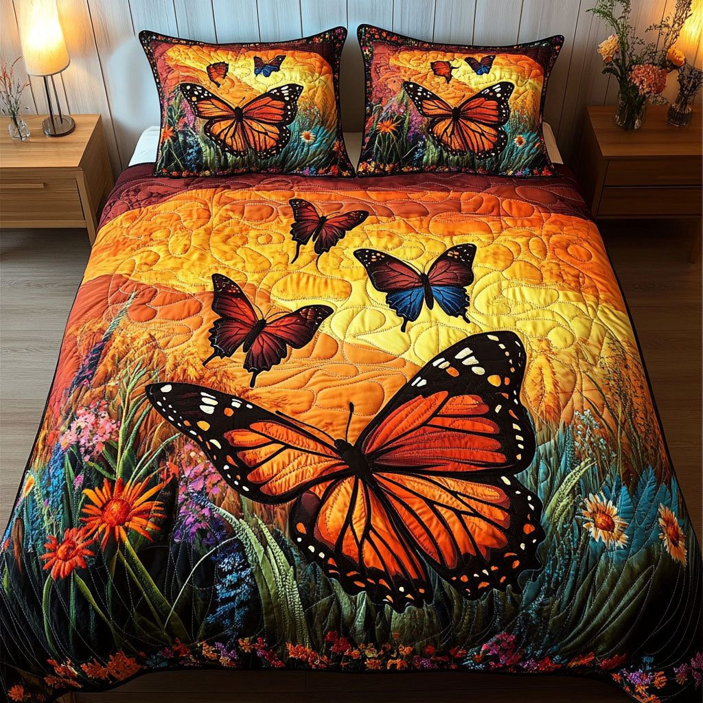 Golden Sunset Flight quilted 3-piece bedding set on a made bed with two matching pillow shams