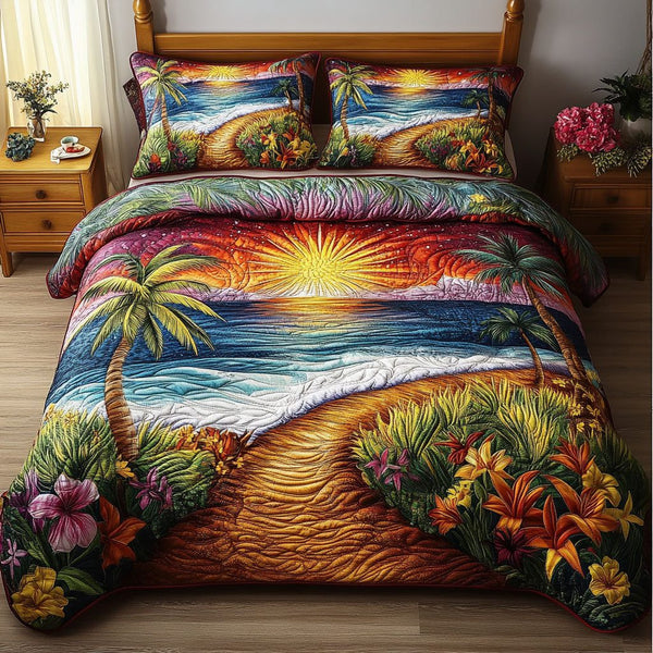 Golden Sunset Getaway quilted 3-piece bedding set on a made bed with two matching pillow shams
