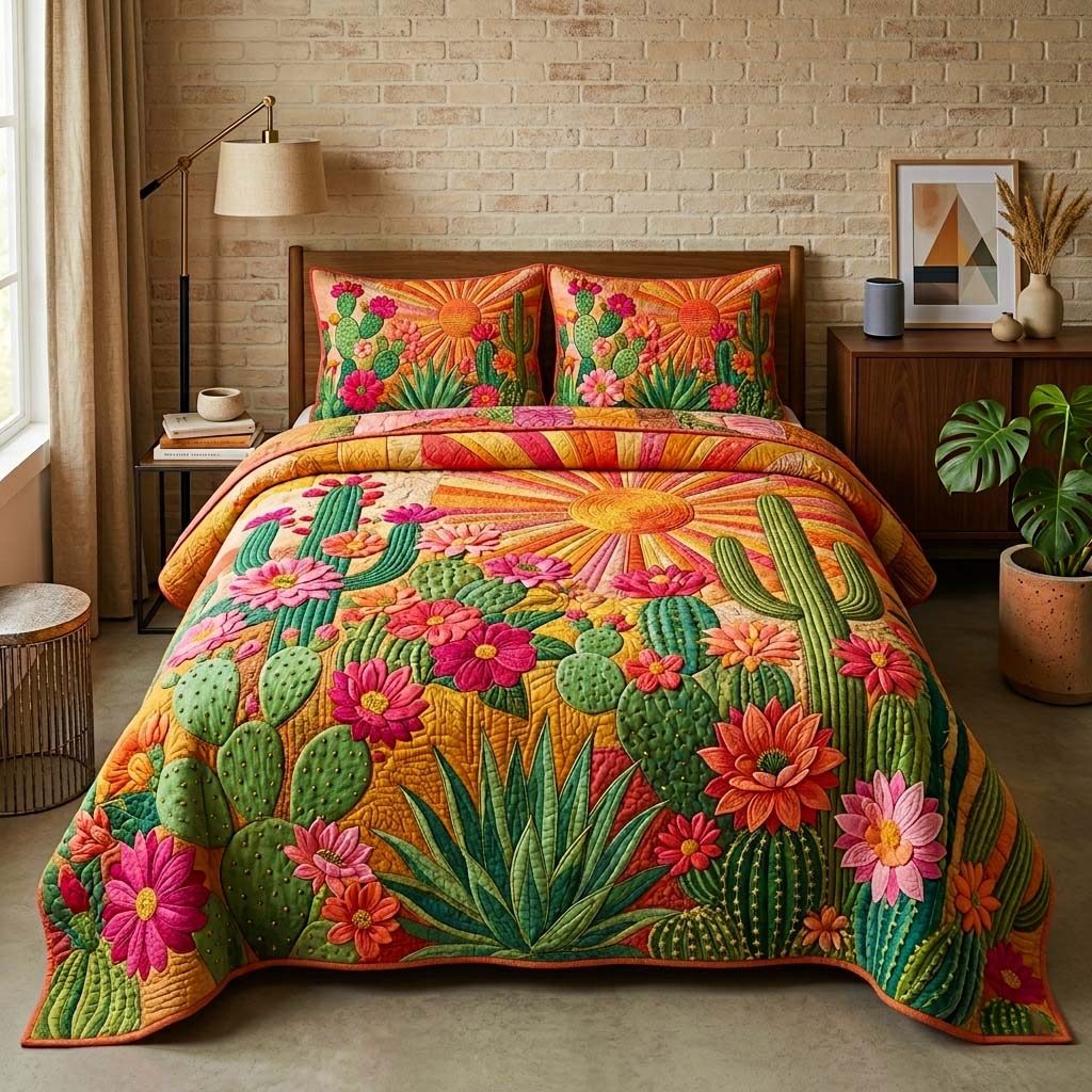 Golden Sunset quilted 3-piece bedding set on a made bed with two matching pillow shams