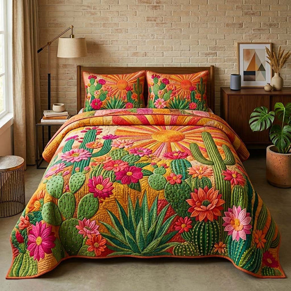 Golden Sunset quilted 3-piece bedding set on a made bed with two matching pillow shams