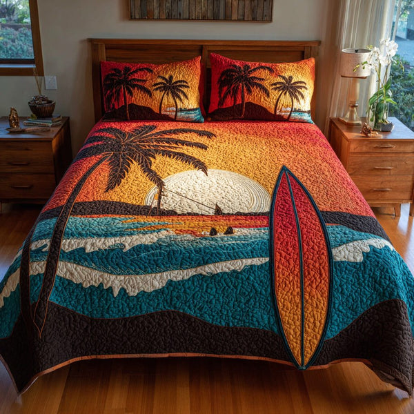 Golden Sunset quilted 3-piece bedding set on a made bed with two matching pillow shams
