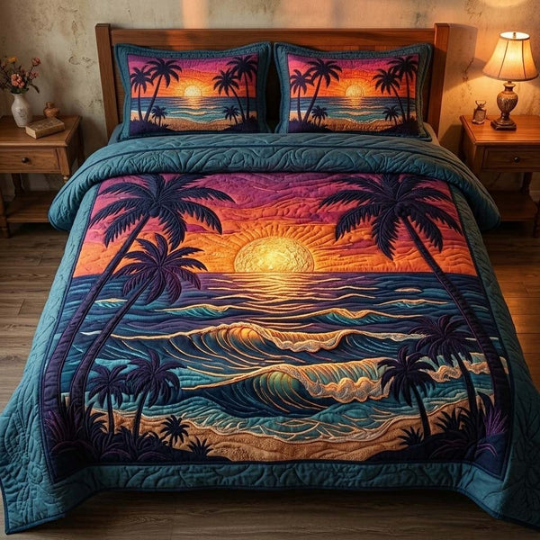 Golden Sunset Shore quilted 3-piece bedding set on a made bed in a light coastal bedroom