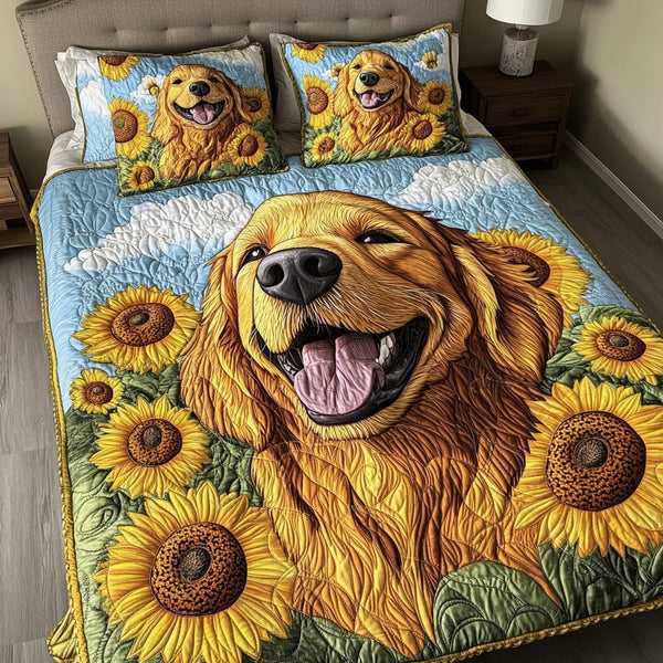 Golden Sunshine quilted 3-piece bedding set on a made bed with two matching pillow shams