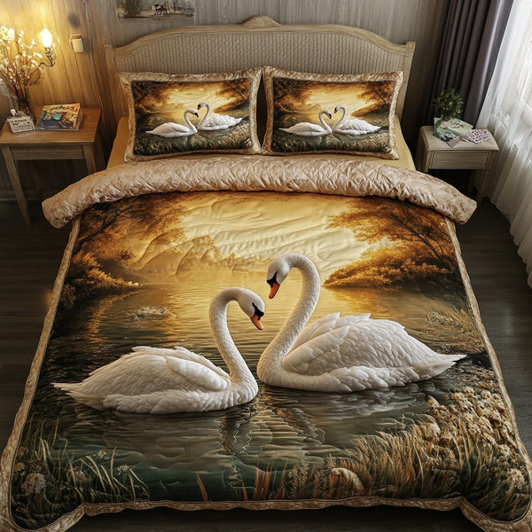 Golden Swan quilted 3-piece bedding set on a made bed with two matching pillow shams
