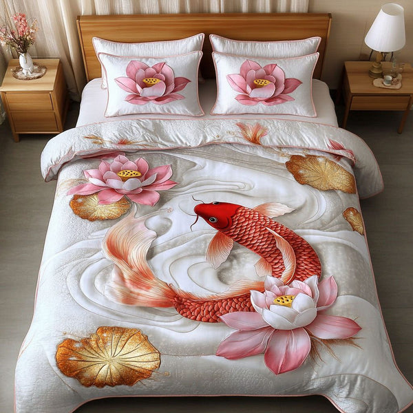 Golden Swim quilted 3-piece bedding set on a made bed with two matching pillow shams