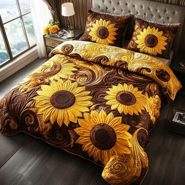 Golden Swirls quilted 3-piece bedding set on a made bed with two matching pillow shams