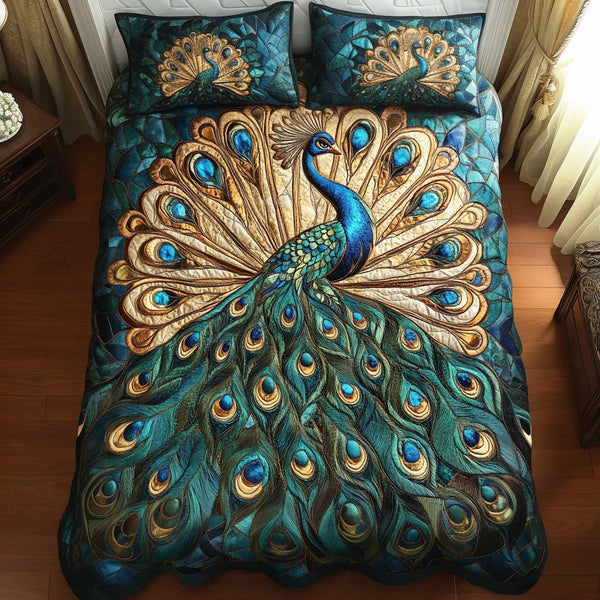 Golden Tail Symphony quilted 3-piece bedding set on a made bed with two matching pillow shams