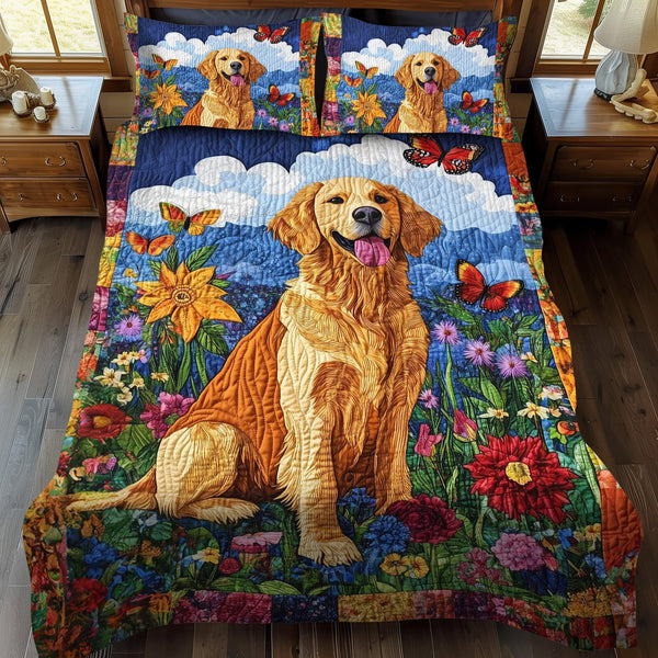Golden Tail Wags quilted 3-piece bedding set on a made bed with two matching pillow shams