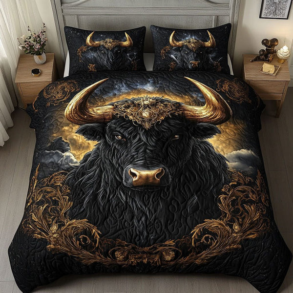 Golden Taurus quilted 3-piece bedding set on a made bed with two matching pillow shams