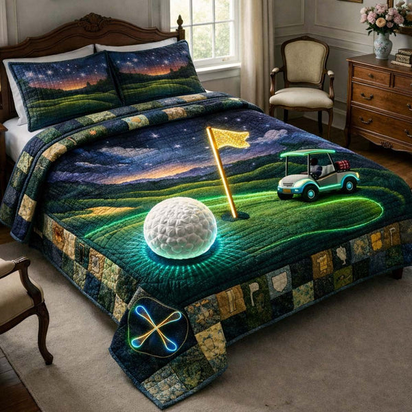 Golden Tee quilted 3-piece bedding set on a made bed with two matching pillow shams