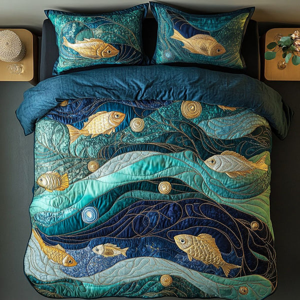 Golden Tides quilted 3-piece bedding set on a made bed with two matching pillow shams