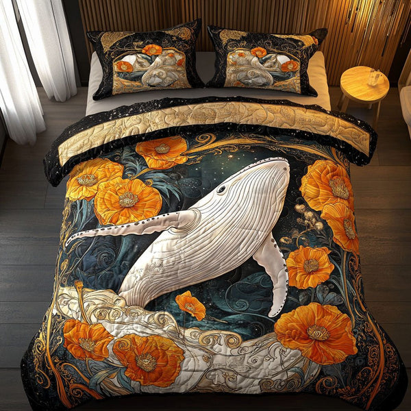 Golden Tides Voyage quilted 3-piece bedding set on a made bed with two matching pillow shams