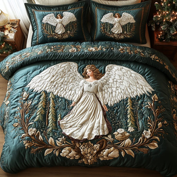 Golden Tidings quilted 3-piece bedding set on a made bed with two matching pillow shams