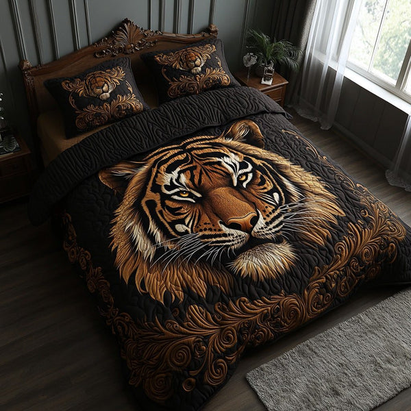 Golden Tiger quilted 3-piece bedding set on a made bed with two matching pillow shams