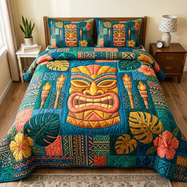 Golden Tiki quilted 3-piece bedding set on a made bed with two matching pillow shams