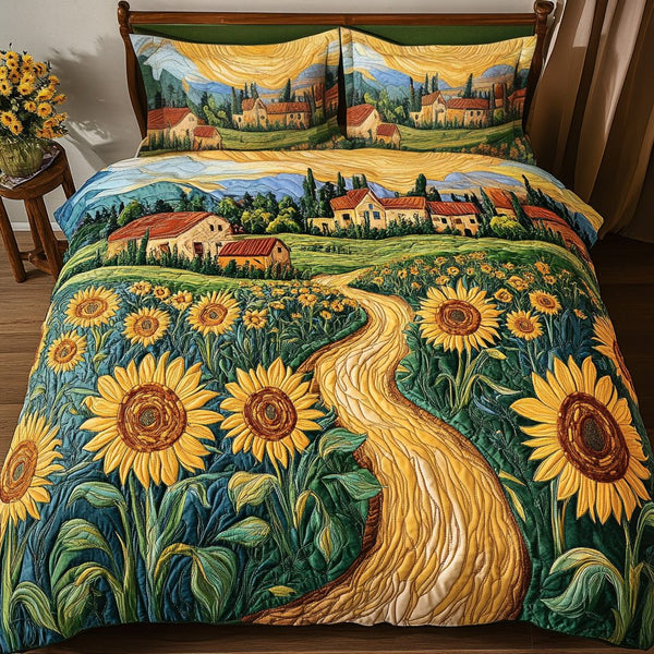 Golden Trail quilted 3-piece bedding set on a made bed with two matching pillow shams