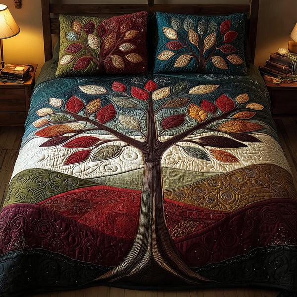 Golden Tree quilted 3-piece bedding set on a made bed with two matching pillow shams