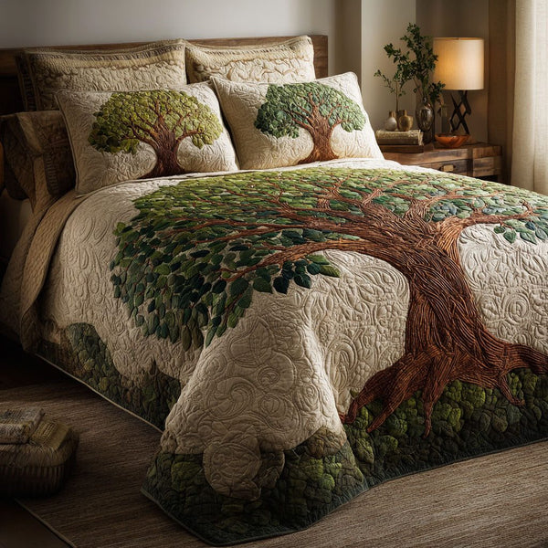 Golden Tree quilted 3-piece bedding set on a made bed with two matching pillow shams