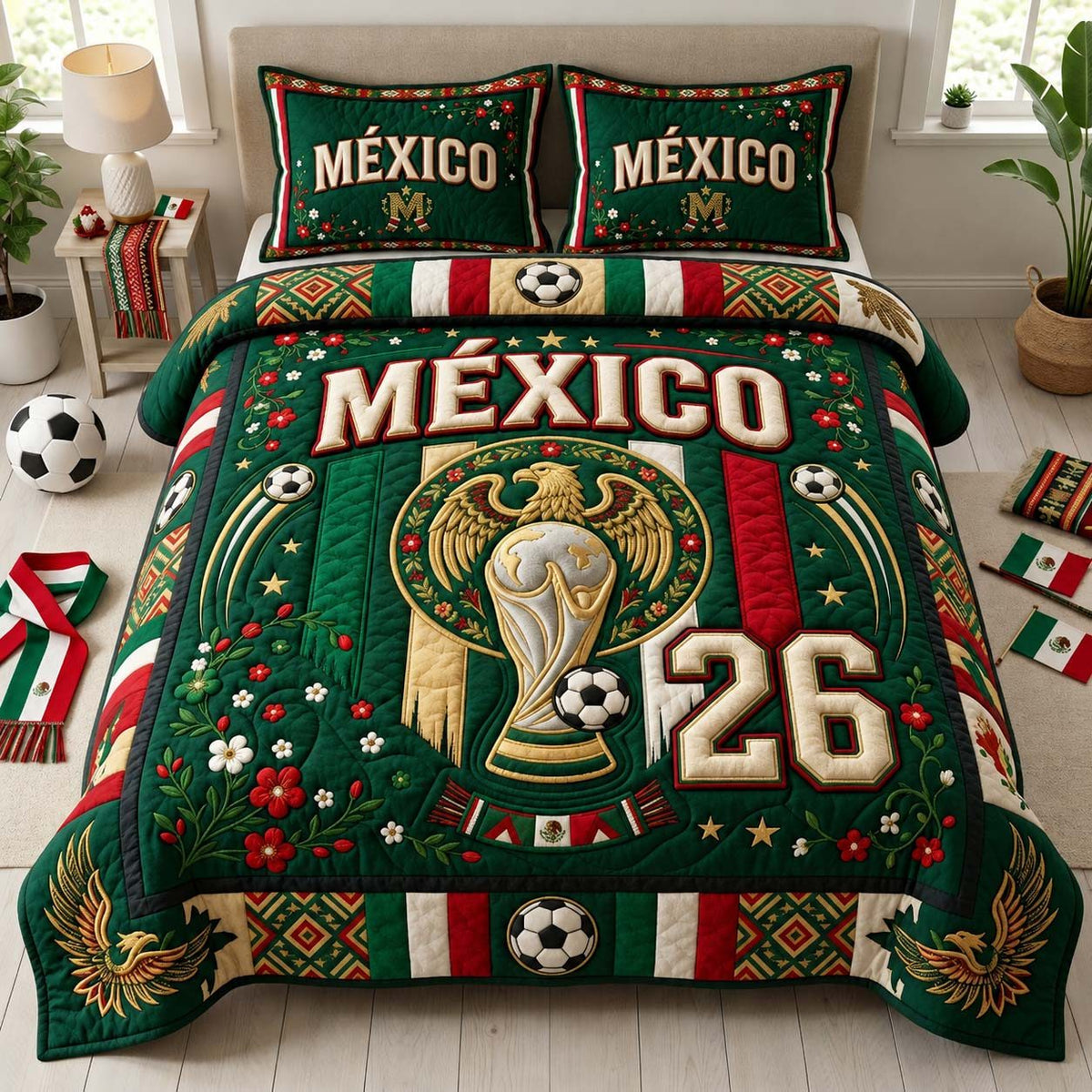 Golden Trophy Mexico quilted 3-piece bedding set on a made bed with two matching pillow shams