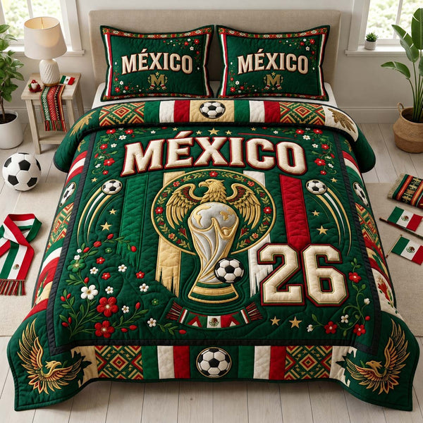 Golden Trophy Mexico quilted 3-piece bedding set on a made bed with two matching pillow shams