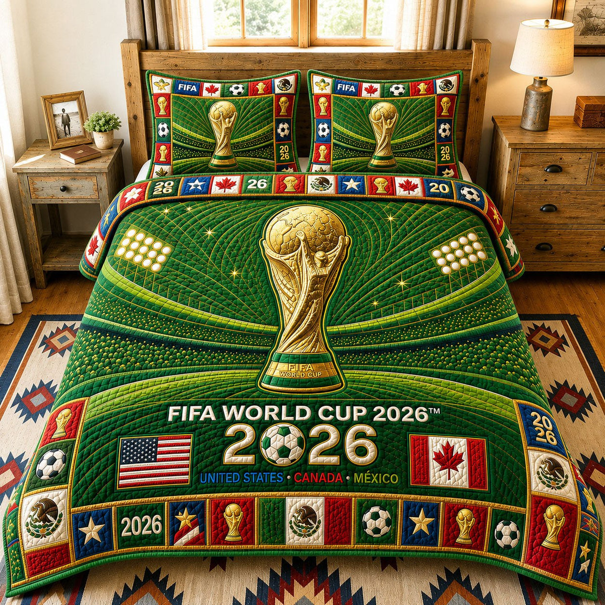 Golden Trophy Victory quilted 3-piece bedding set on a made bed with two matching pillow shams