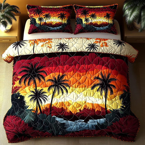 Golden Tropics quilted 3-piece bedding set on a made bed with two matching pillow shams