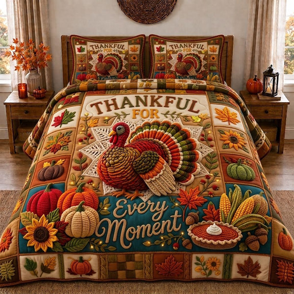 Golden Turkey Season quilted 3-piece bedding set on a made bed with two matching pillow shams