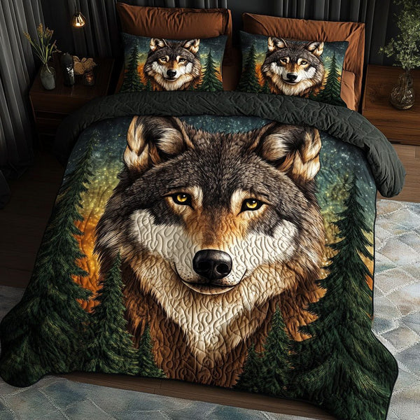 Golden Twilight quilted 3-piece bedding set on a made bed with two matching pillow shams