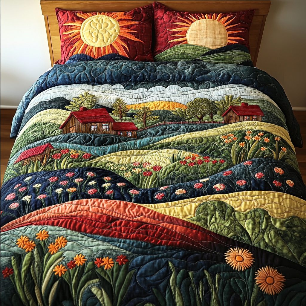 Golden Valley quilted 3-piece bedding set on a made bed with two matching pillow shams