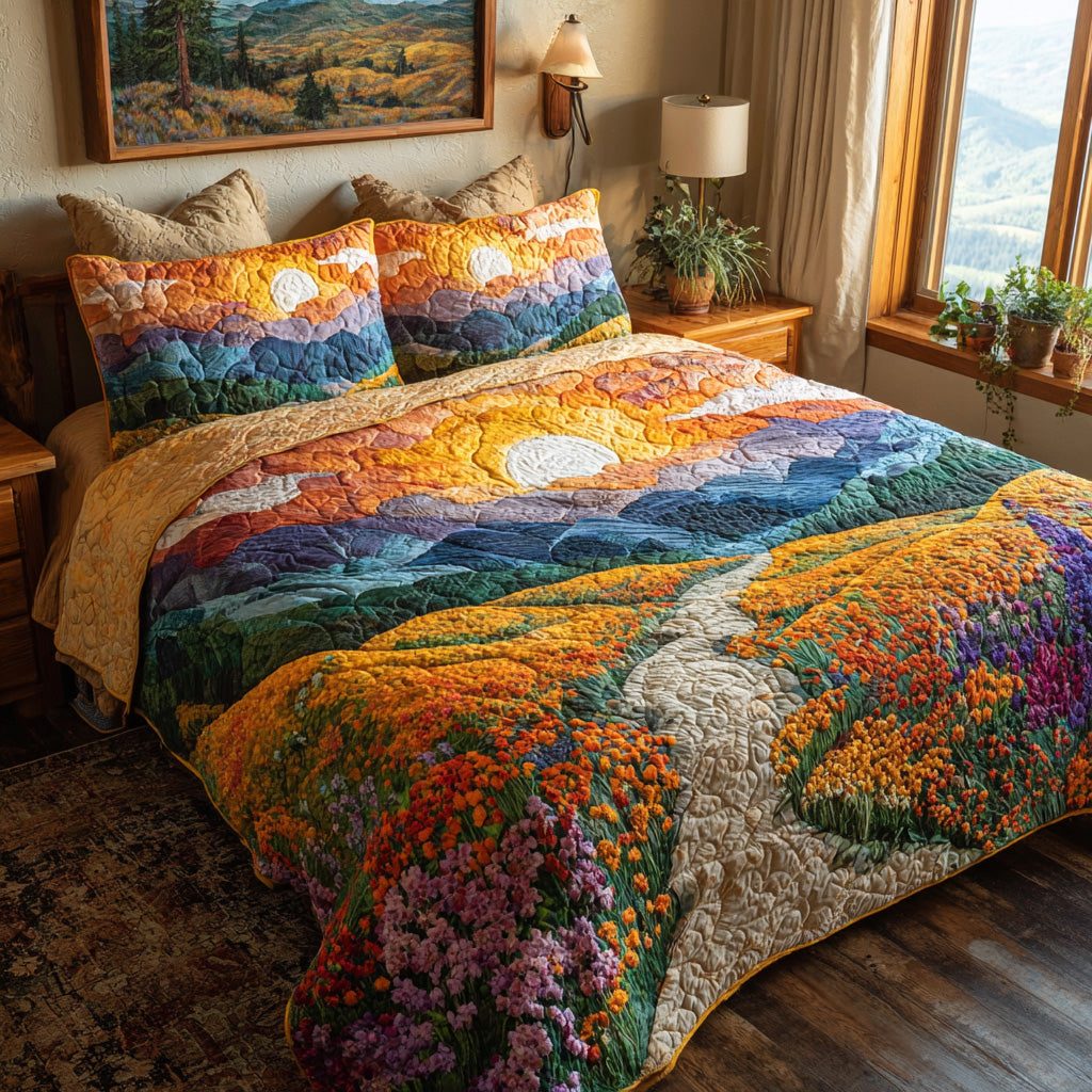 Golden Valley quilted 3-piece bedding set on a made bed with two matching pillow shams