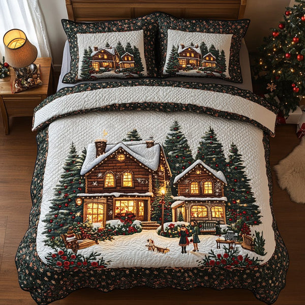 Golden Village quilted 3-piece bedding set on a made bed with two matching pillow shams