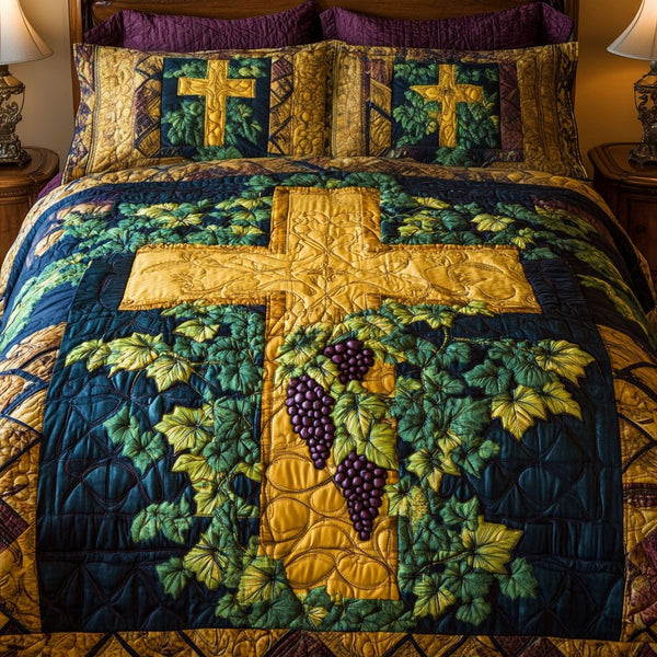 Golden Vine Cross quilted 3-piece bedding set on a made bed in a softly lit bedroom