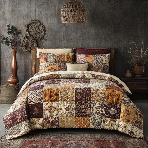 Golden Vineyard quilted 3-piece bedding set on a made bed with two matching pillow shams