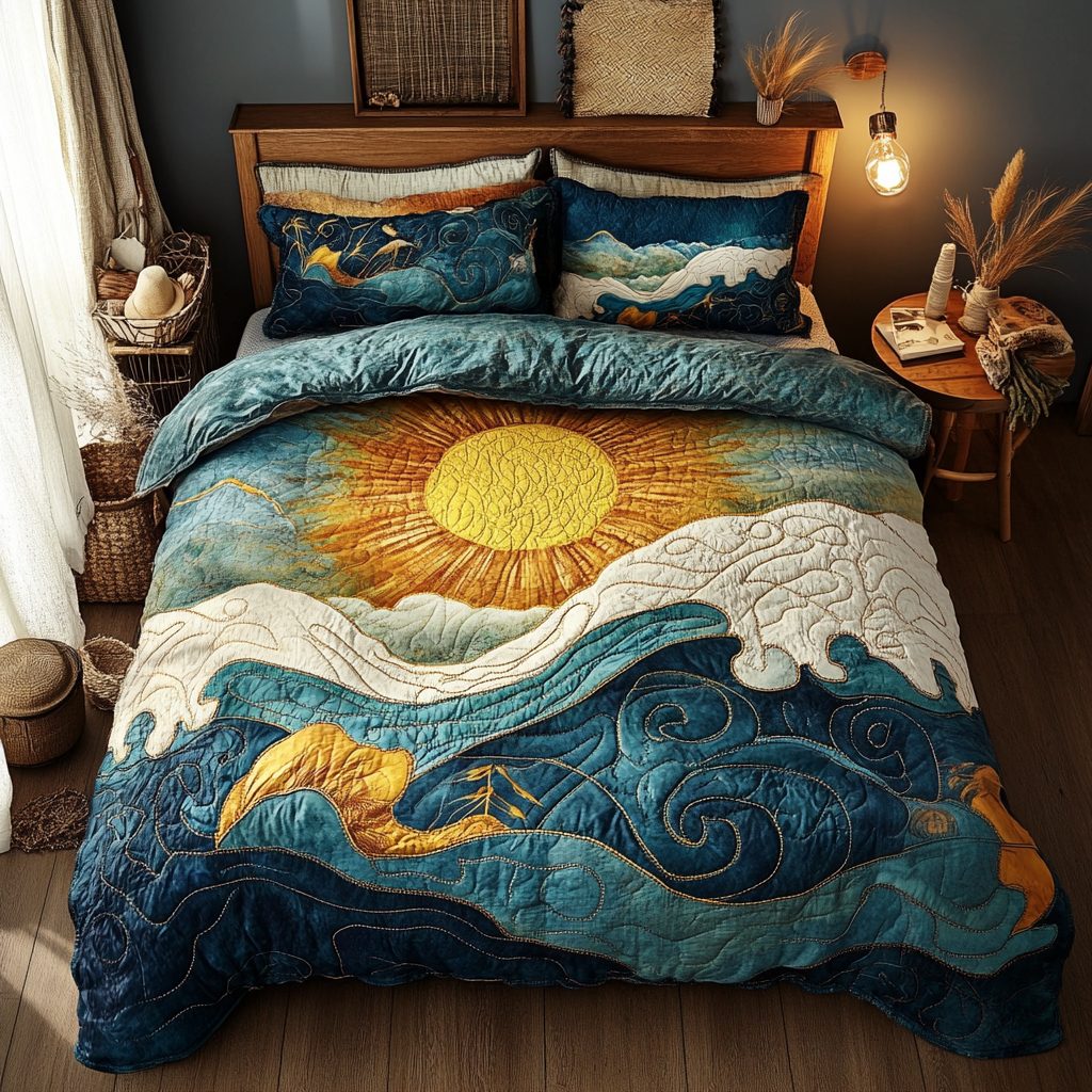 Golden Wave Horizon quilted 3-piece bedding set on a made bed in a light coastal bedroom