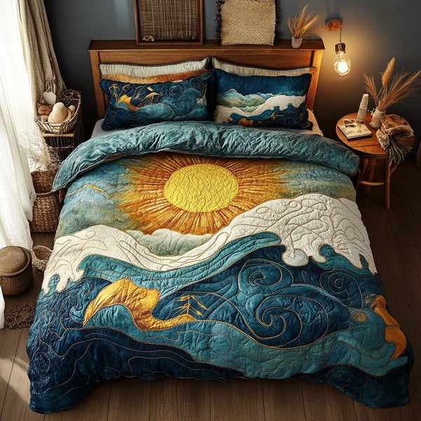 Golden Wave Horizon quilted 3-piece bedding set on a made bed in a light coastal bedroom