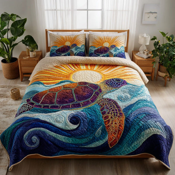 Golden Wave quilted 3-piece bedding set on a made bed in a light coastal bedroom