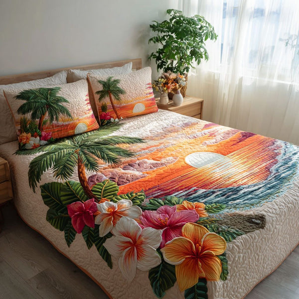 Golden Waves quilted 3-piece bedding set on a made bed in a light coastal bedroom