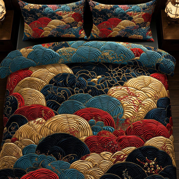 Golden Waves quilted 3-piece bedding set on a made bed in a light coastal bedroom