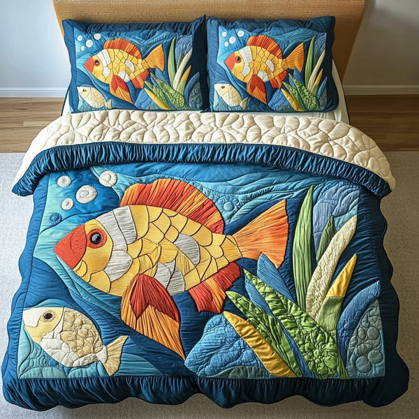 Golden Waves quilted 3-piece bedding set on a made bed in a light coastal bedroom