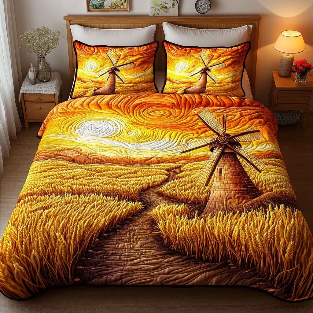 Golden Wheat quilted 3-piece bedding set on a made bed with two matching pillow shams