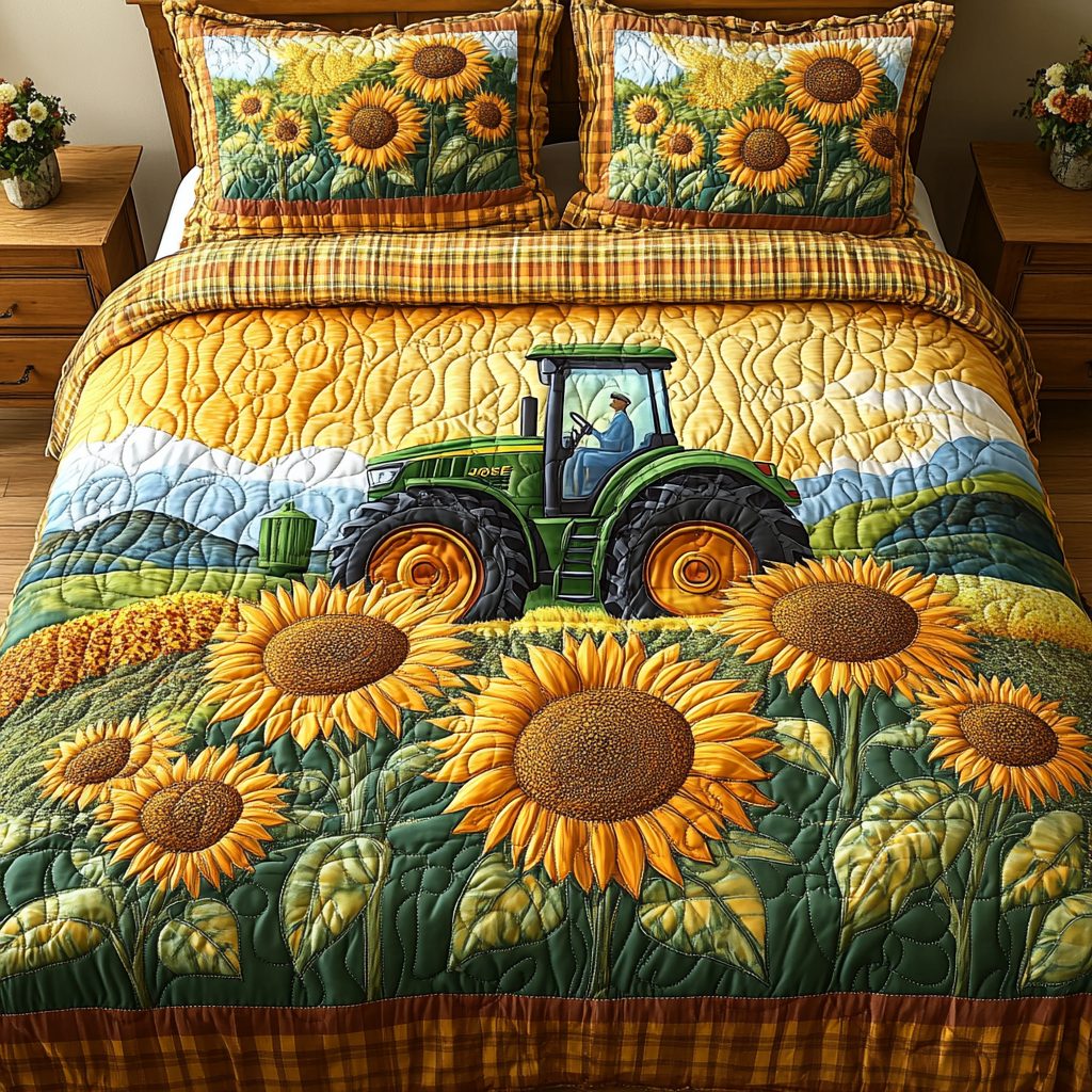 Golden Wheels quilted 3-piece bedding set on a made bed with two matching pillow shams
